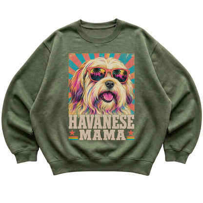 Retro Havanese Mama design on a Military Green crewneck sweatshirt