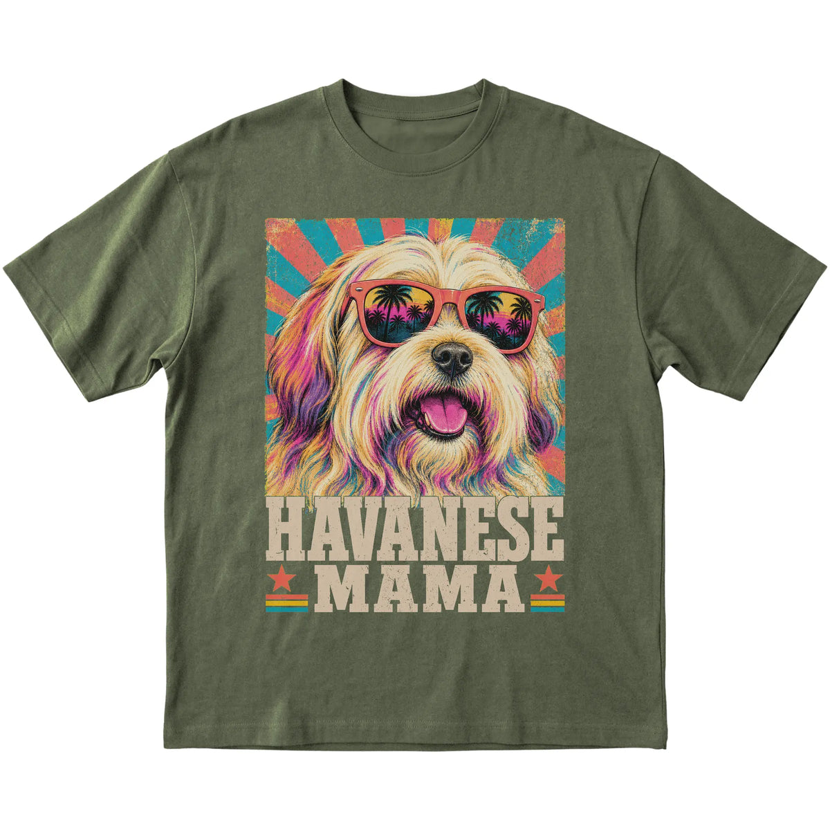 Retro Havanese Mama design on a Military Green softstyle T-shirt