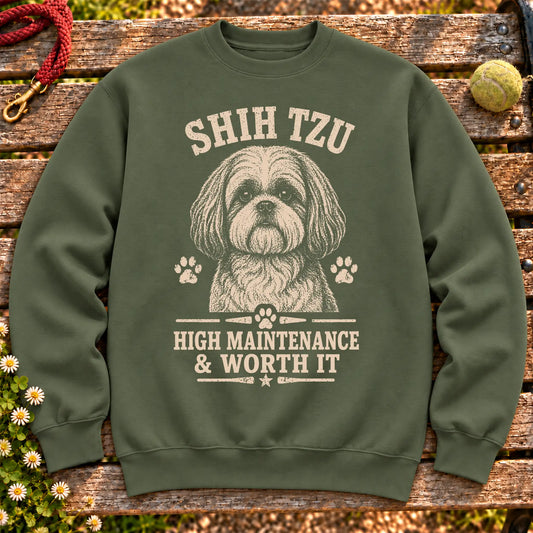 Military Green crewneck sweatshirt featuring High Maintenance & Worth It - Shih Tzu, laid-flat presentation