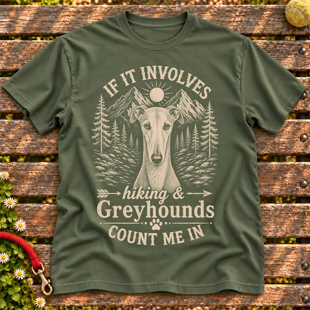 Greyhound Hiking and Greyhounds on a Military Green T-shirt, shown flat