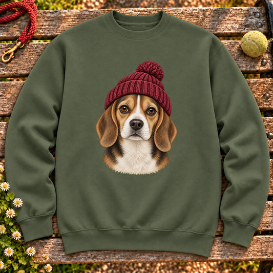 Military Green Beagle hipster sweatshirt with a dog portrait in a chunky maroon beanie