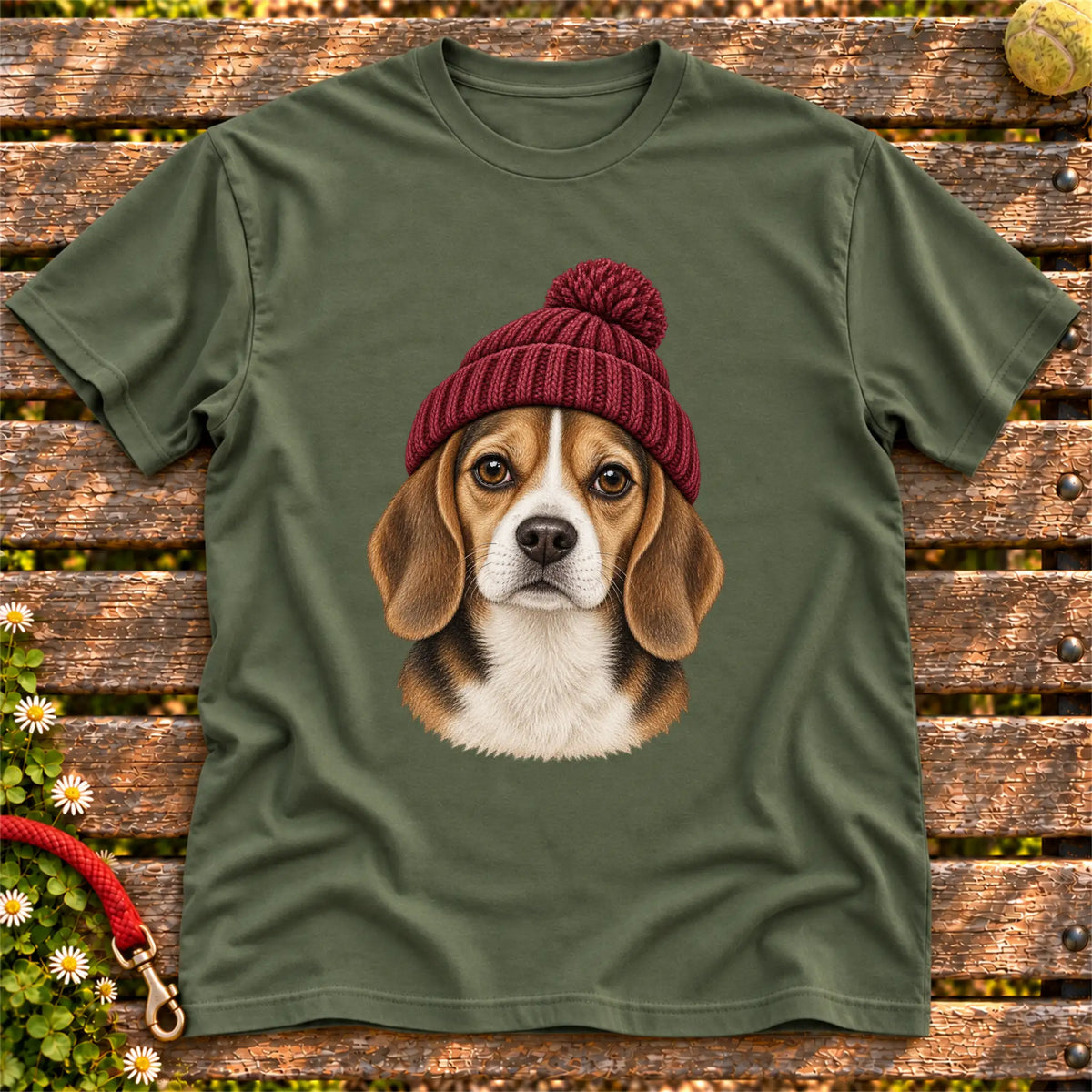 Military Green Beagle hipster T-shirt with a dog portrait in a chunky maroon beanie