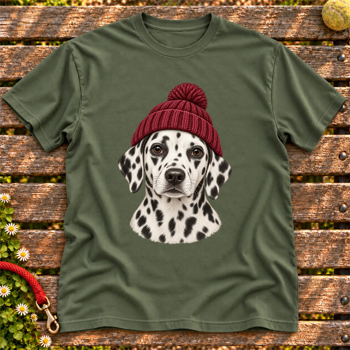 Military Green Dalmatian hipster T-shirt with a dog portrait in a chunky maroon beanie