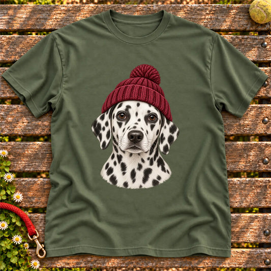 Military Green Dalmatian hipster T-shirt with a dog portrait in a chunky maroon beanie