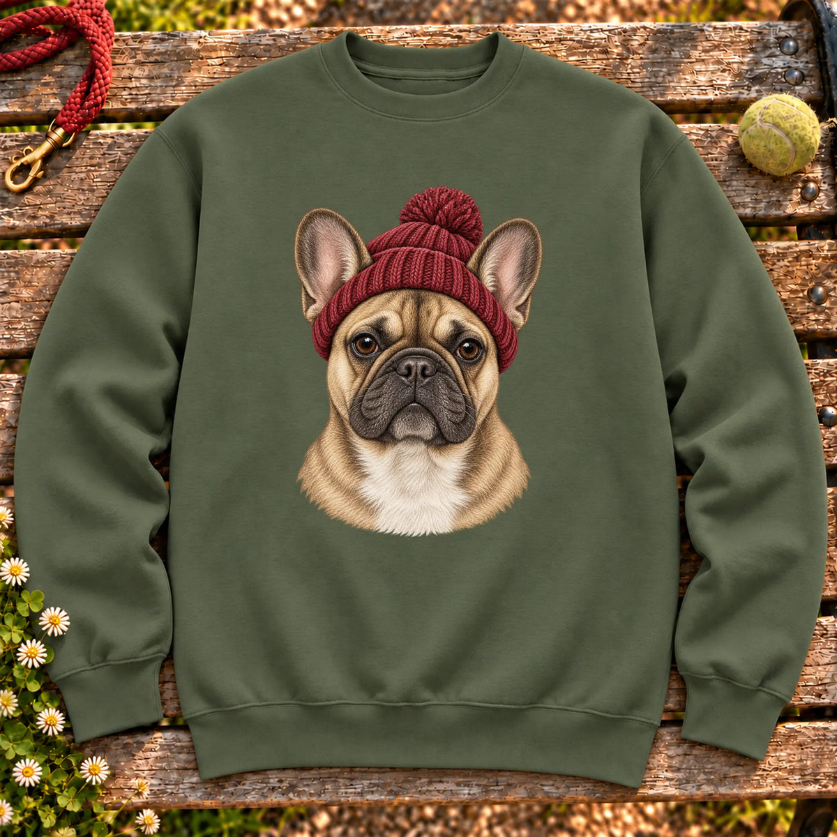 Military Green French Bulldog hipster sweatshirt with a dog portrait in a chunky maroon beanie
