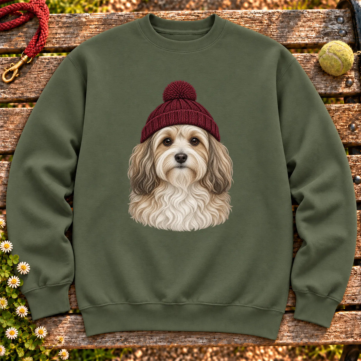 Military Green Havanese hipster sweatshirt with a dog portrait in a chunky maroon beanie