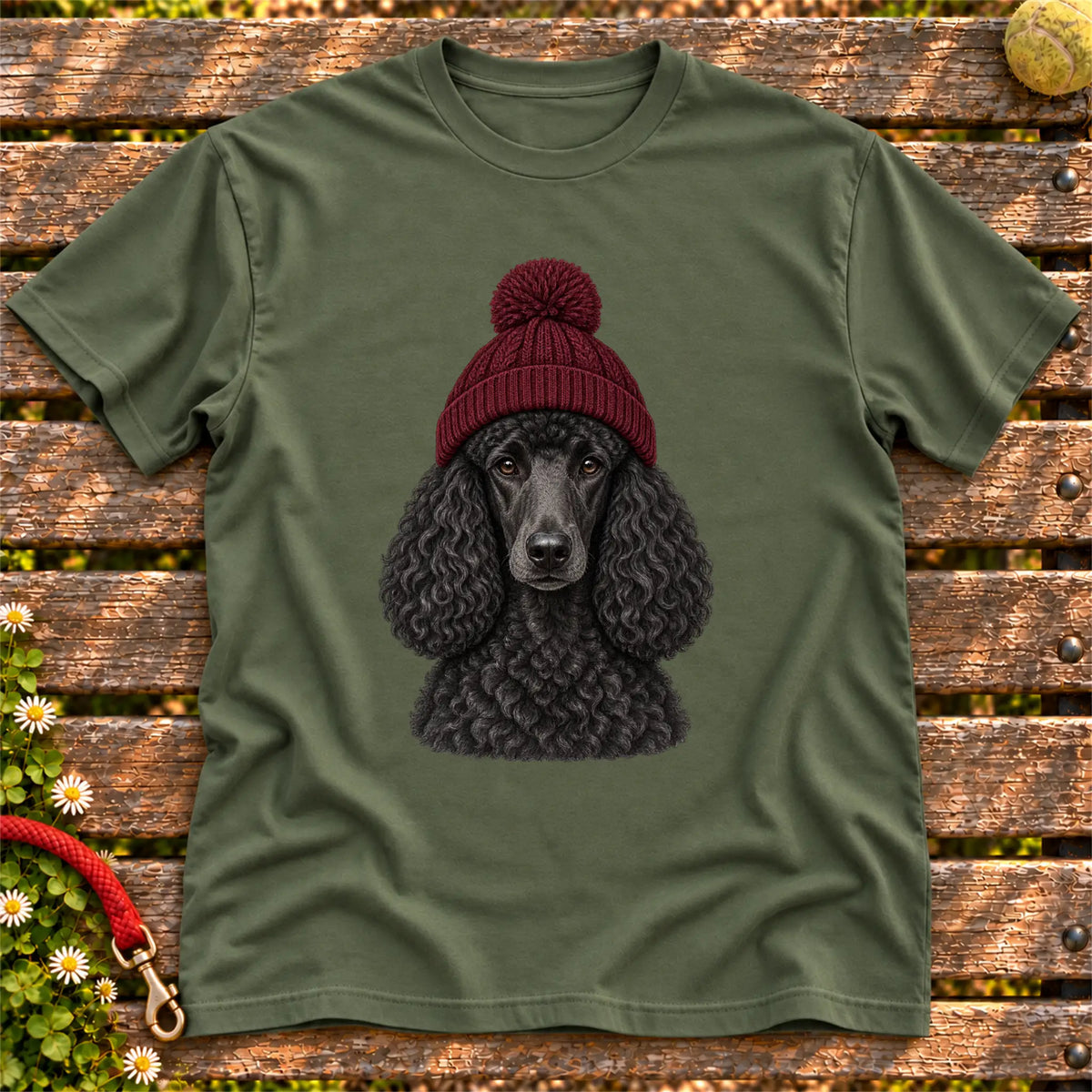 Military Green Poodle hipster T-shirt with a dog portrait in a chunky maroon beanie