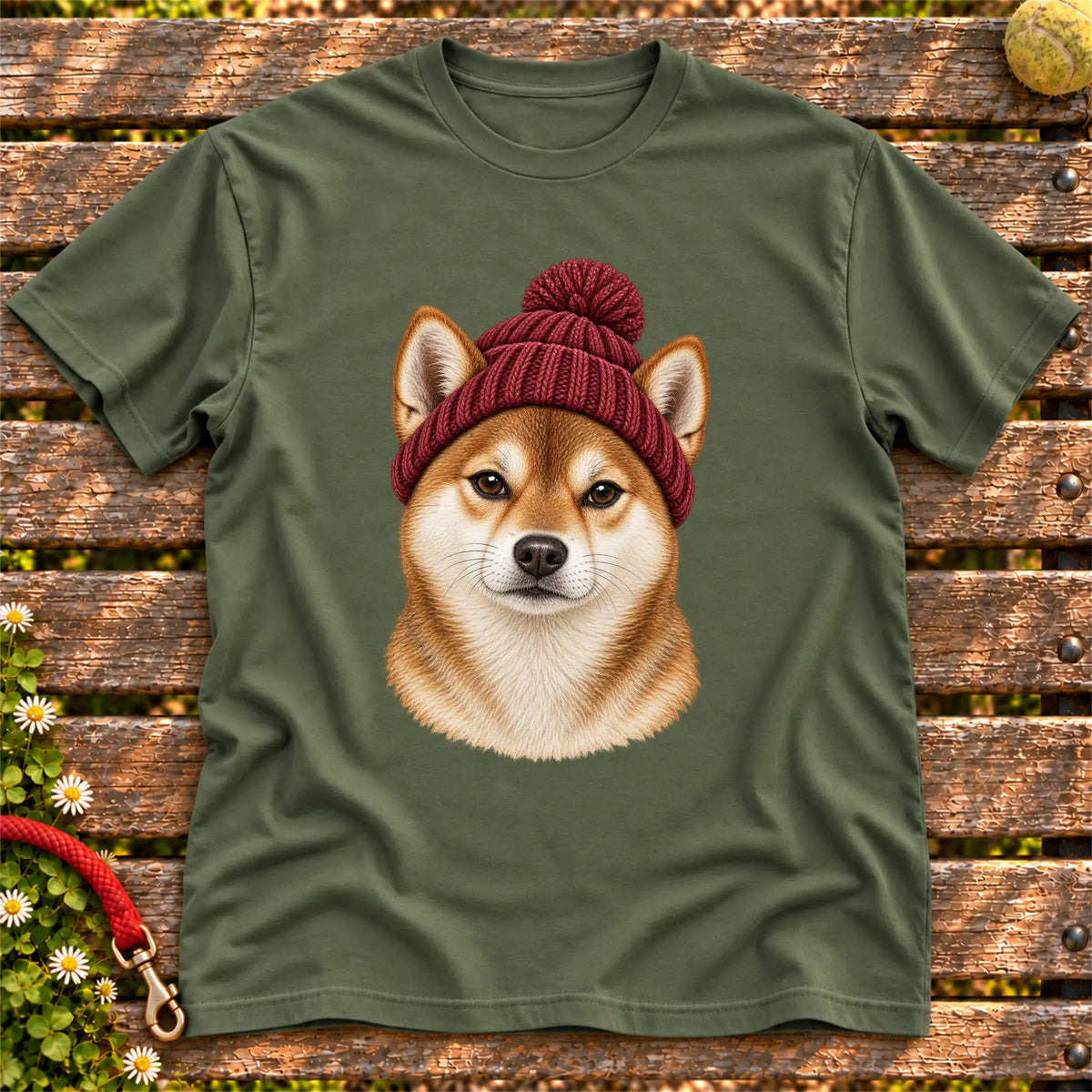 Military Green Shiba Inu hipster T-shirt with a dog portrait in a chunky maroon beanie