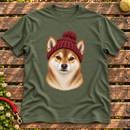 Military Green Shiba Inu hipster T-shirt with a dog portrait in a chunky maroon beanie
