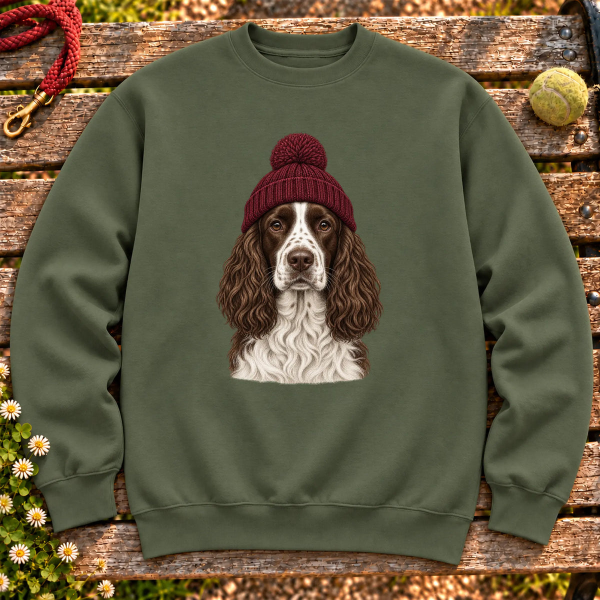 Military Green Springer Spaniel hipster sweatshirt with a dog portrait in a chunky maroon beanie