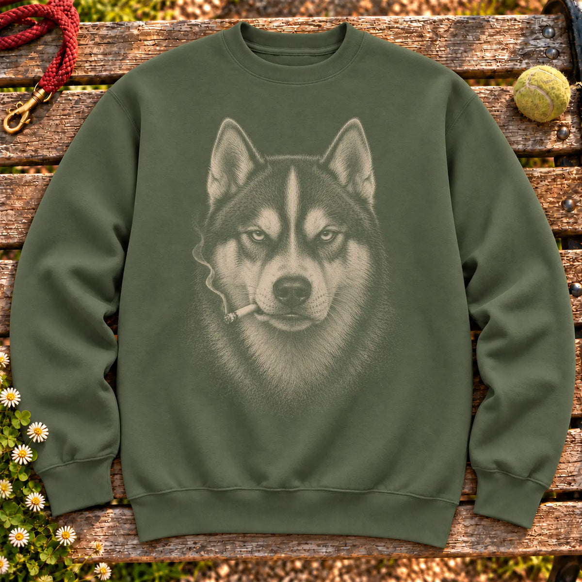 Husky smoking design on a Military Green sweatshirt