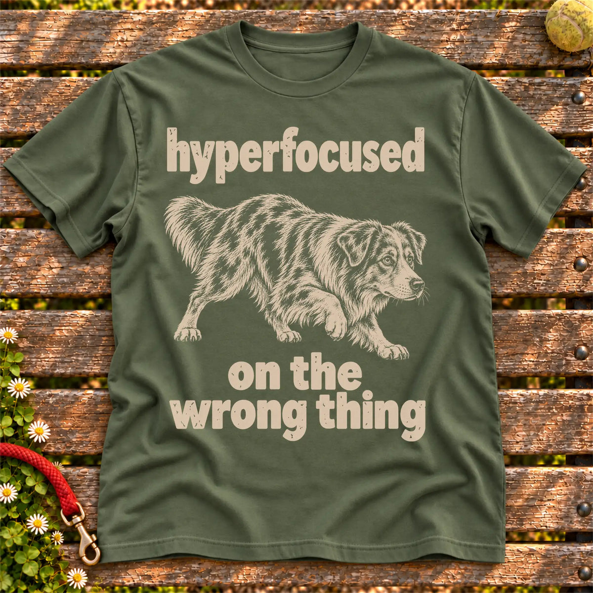 Military Green T-shirt with Australian Shepherd “hyperfocused on the wrong thing” design