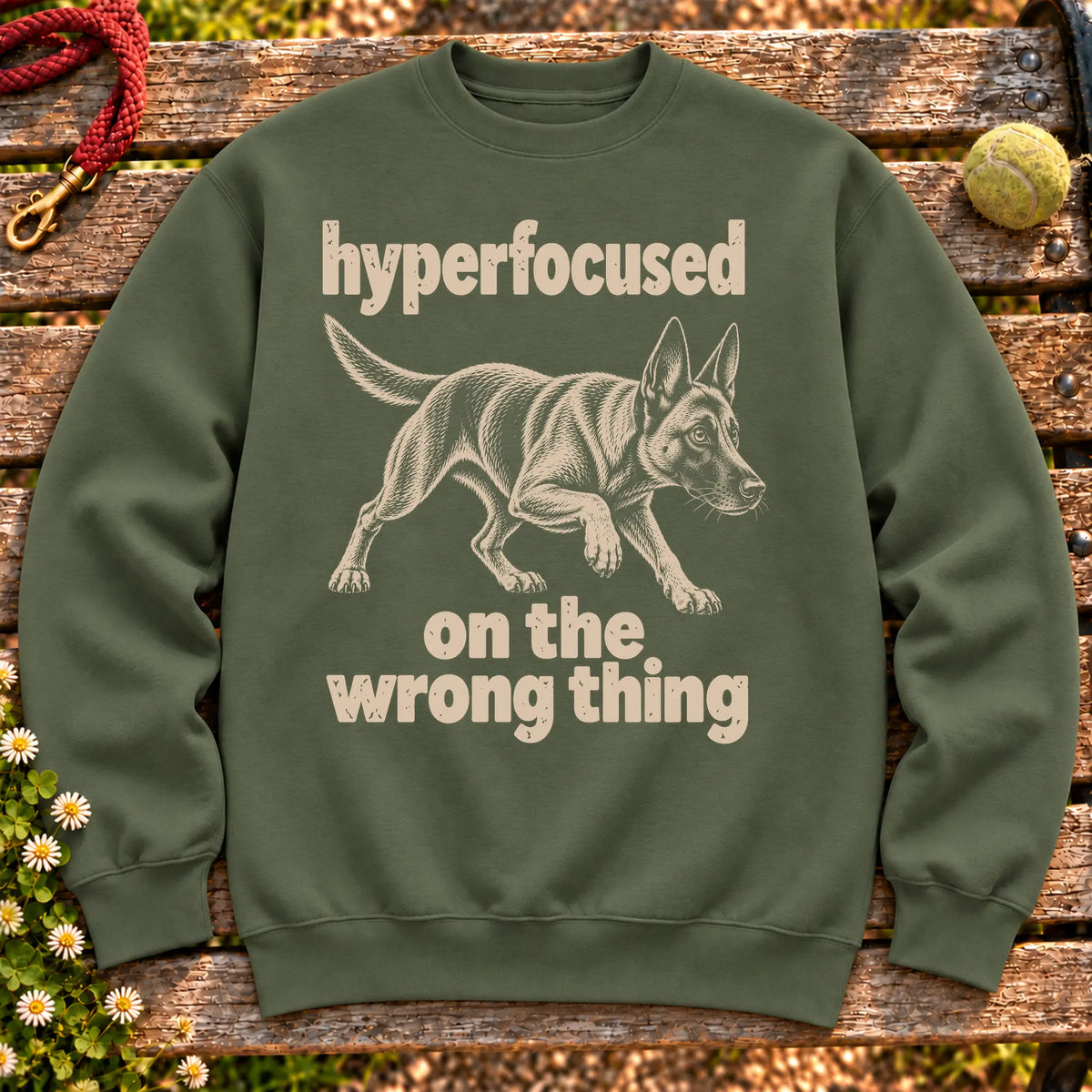 Military Green sweatshirt with Belgian Malinois “hyperfocused on the wrong thing” design