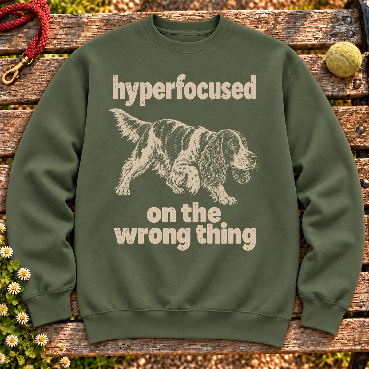 Military Green sweatshirt with Springer Spaniel “hyperfocused on the wrong thing” design