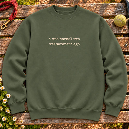 Two Weimaraners Ago design on a Military Green crewneck sweatshirt, shown flat
