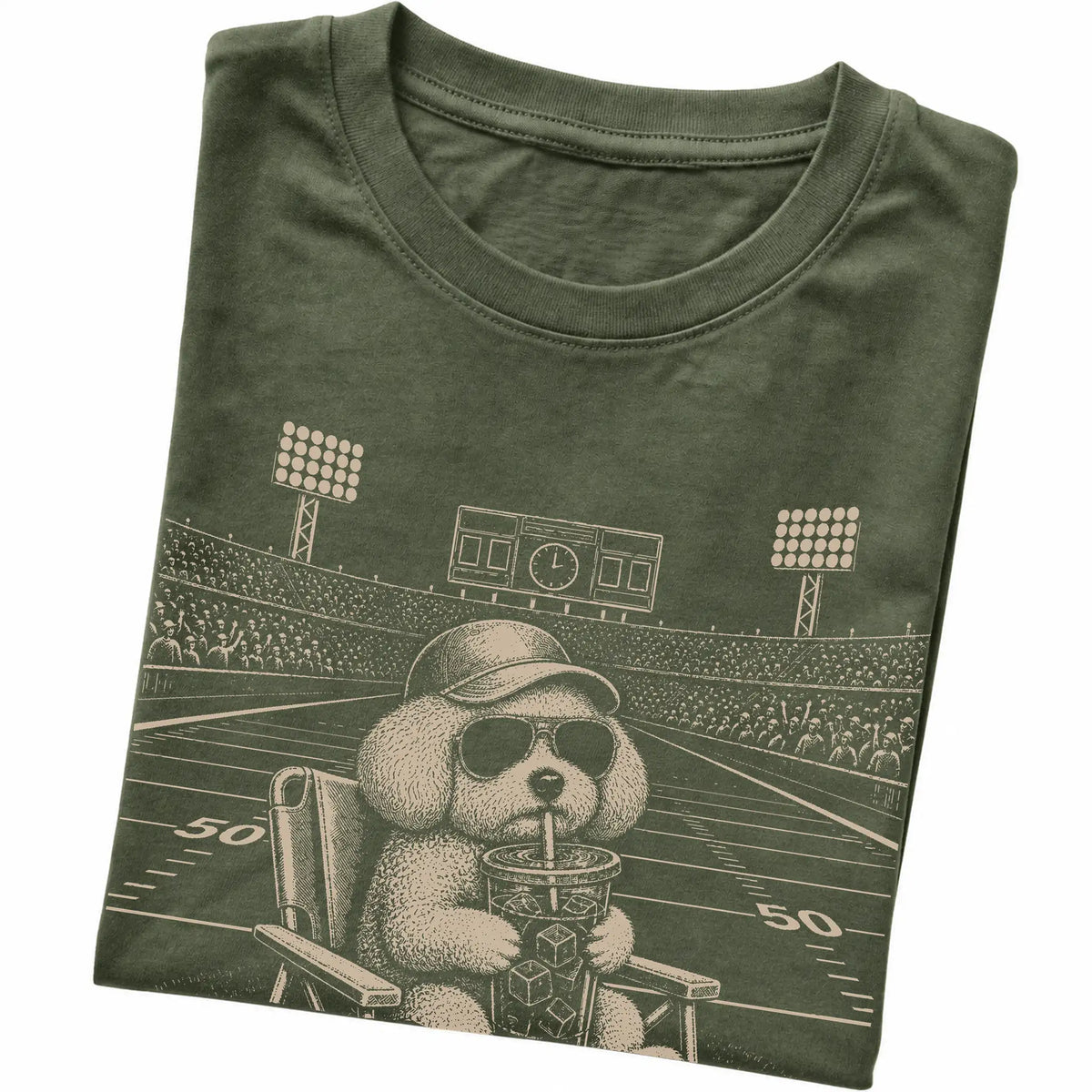 Military Green Bichon Frise Iced Coffee Football T-shirt, folded