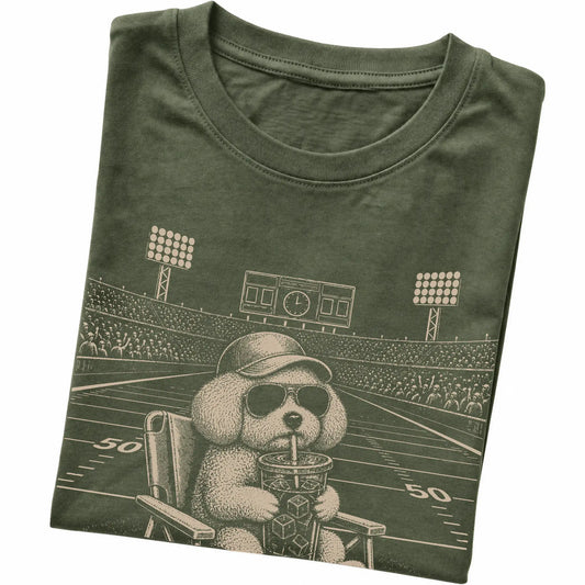 Military Green Bichon Frise Iced Coffee Football T-shirt, folded