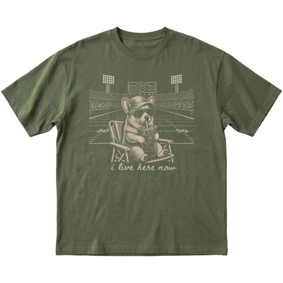 Military Green I live here now Corgi T-shirt, laid flat
