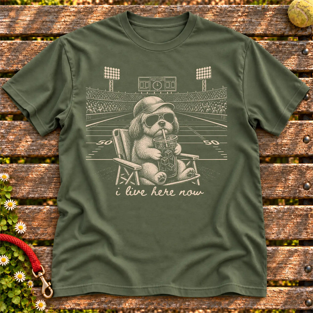 Shih Tzu I live here now on a Military Green T-shirt, shown flat