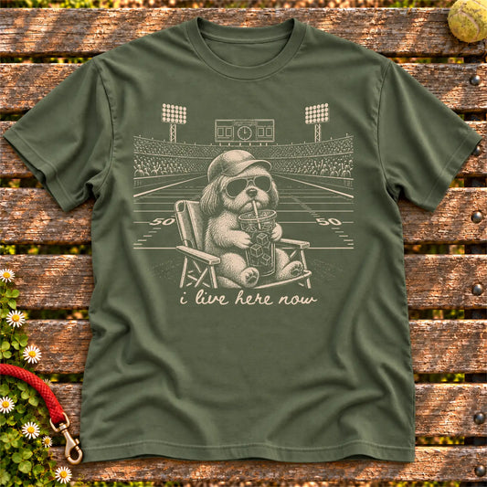 Shih Tzu I live here now on a Military Green T-shirt, shown flat