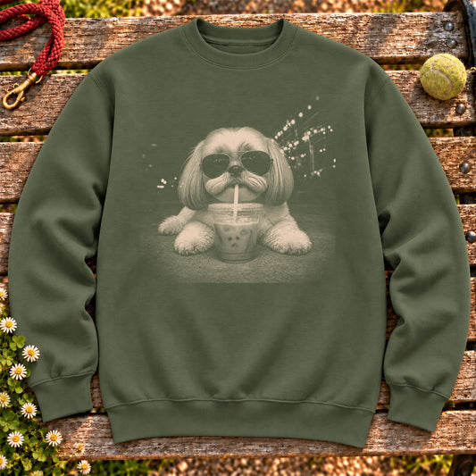 Shih Tzu Iced Coffee design on a Military Green crewneck sweatshirt shown flat