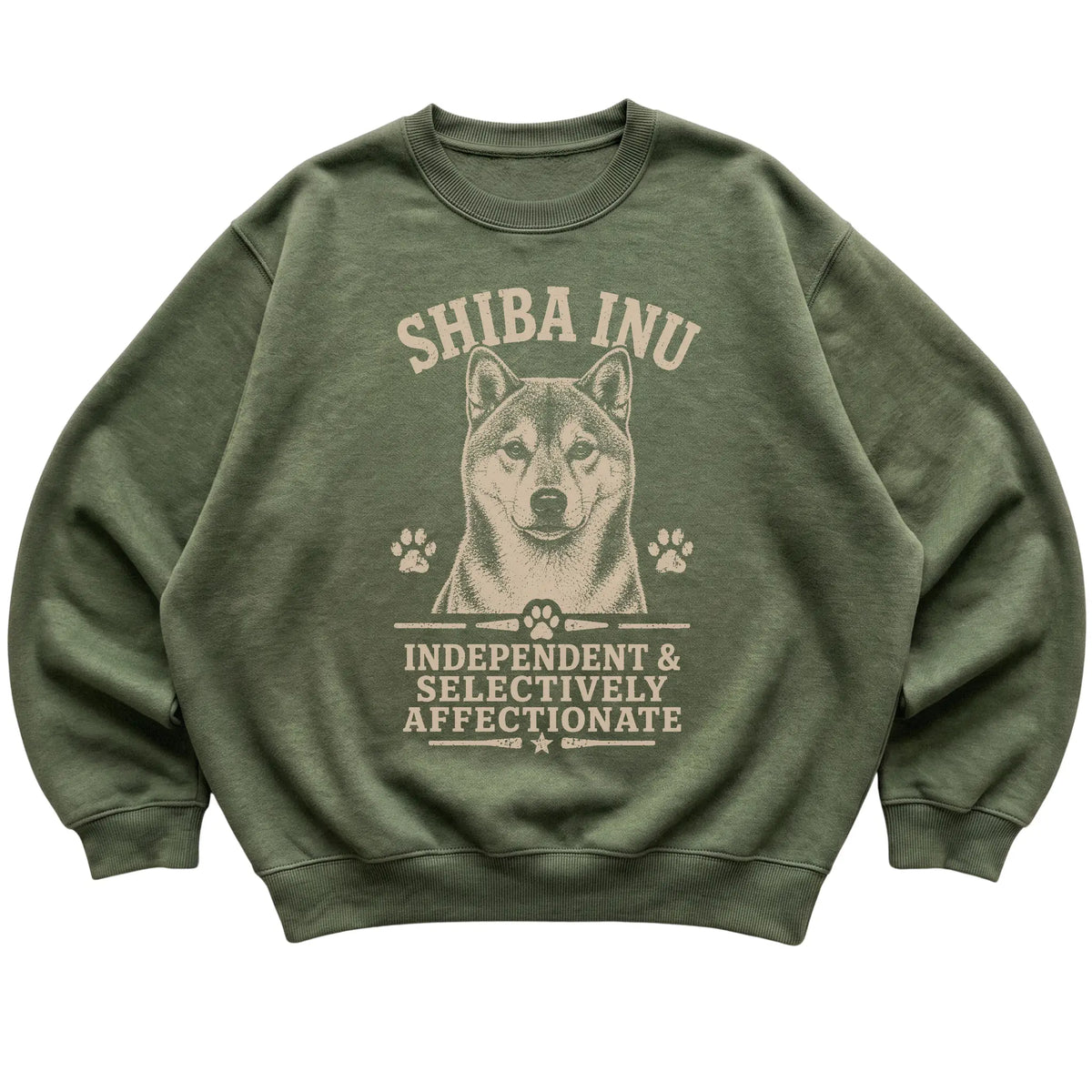 Military Green crewneck sweatshirt featuring Independent & Selectively Affectionate - Shiba Inu, laid-flat presentation