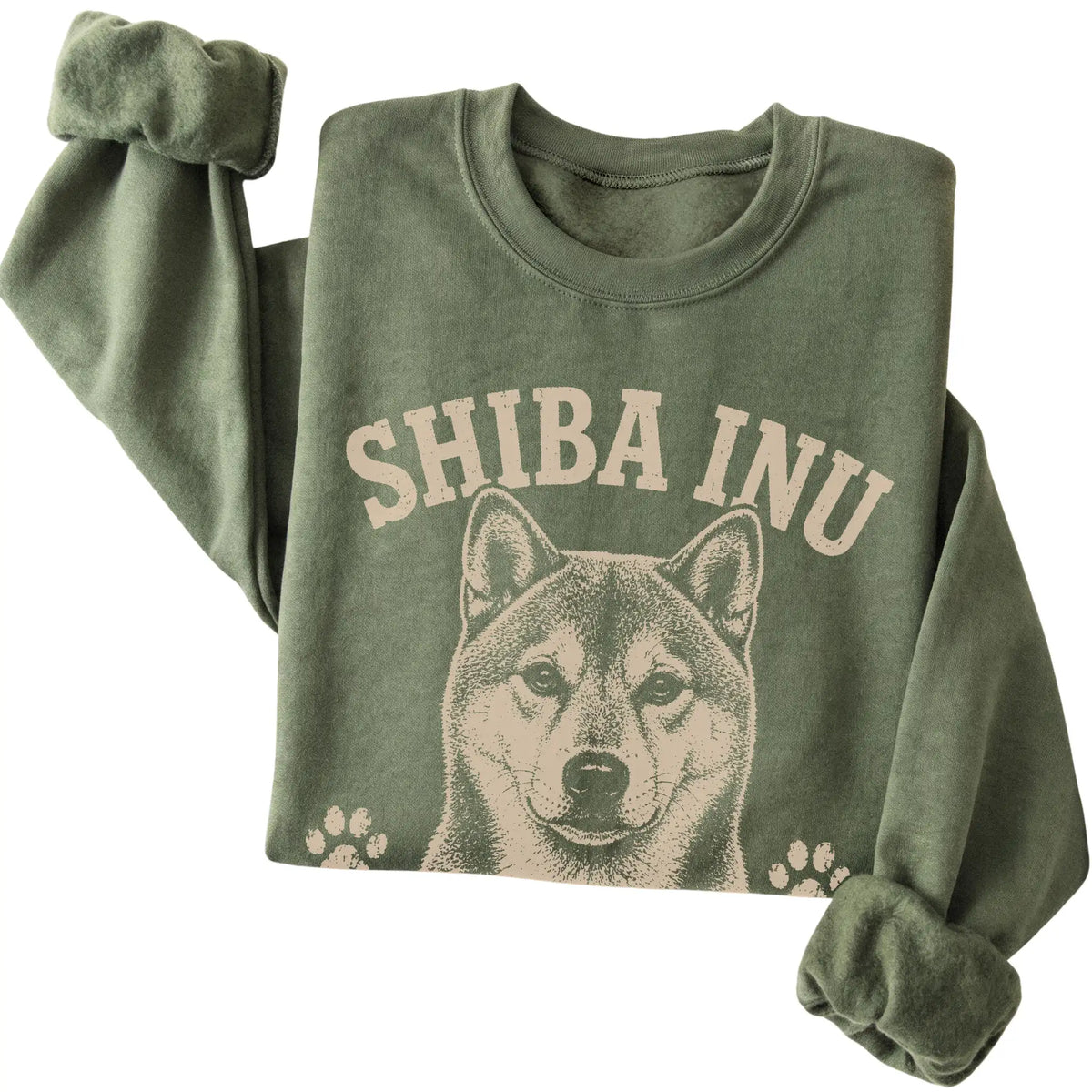 Military Green crewneck sweatshirt featuring Independent & Selectively Affectionate - Shiba Inu, folded presentation