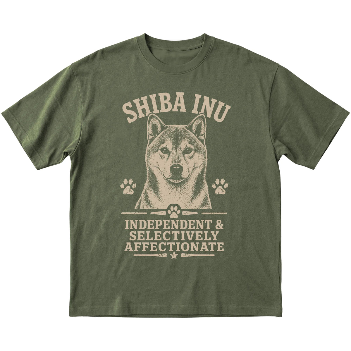 Military Green T-shirt featuring Independent & Selectively Affectionate - Shiba Inu, laid-flat presentation