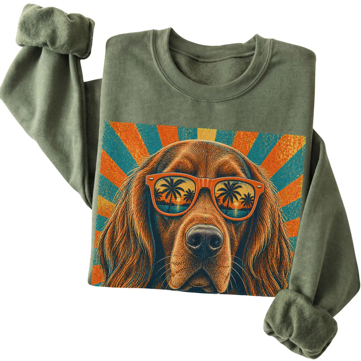 Folded Military Green crewneck sweatshirt with a Retro Irish Setter Dad design