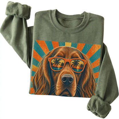 Folded Military Green crewneck sweatshirt with a Retro Irish Setter Dad design