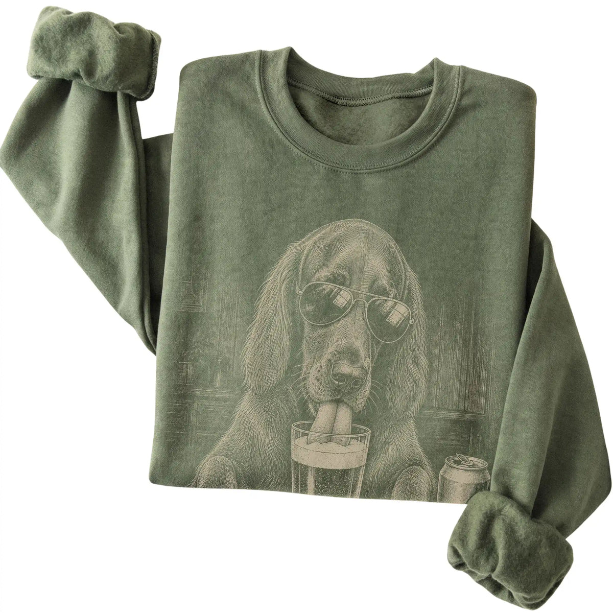 Military Green Irish Setter drinking from a pint at a bar, folded detail view