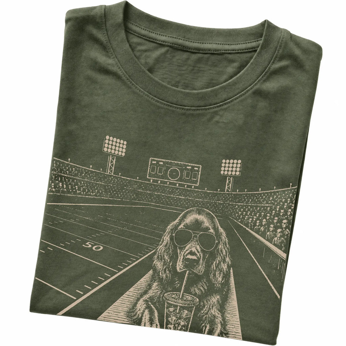 Military Green Irish Setter Iced Coffee Football T-shirt, folded
