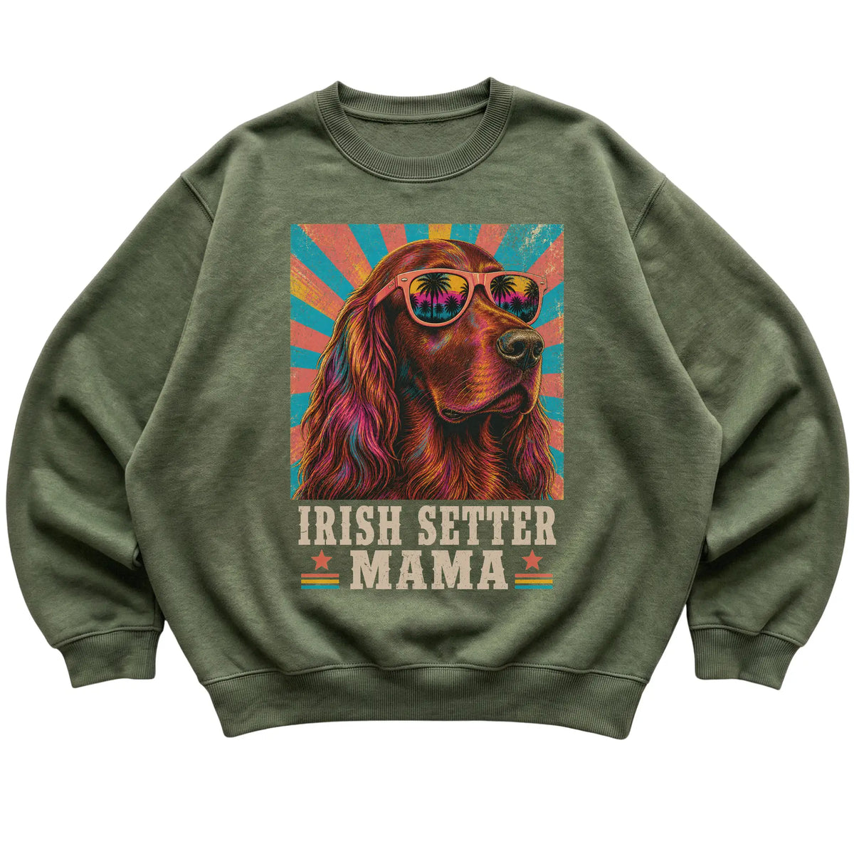 Retro Irish Setter Mama design on a Military Green crewneck sweatshirt