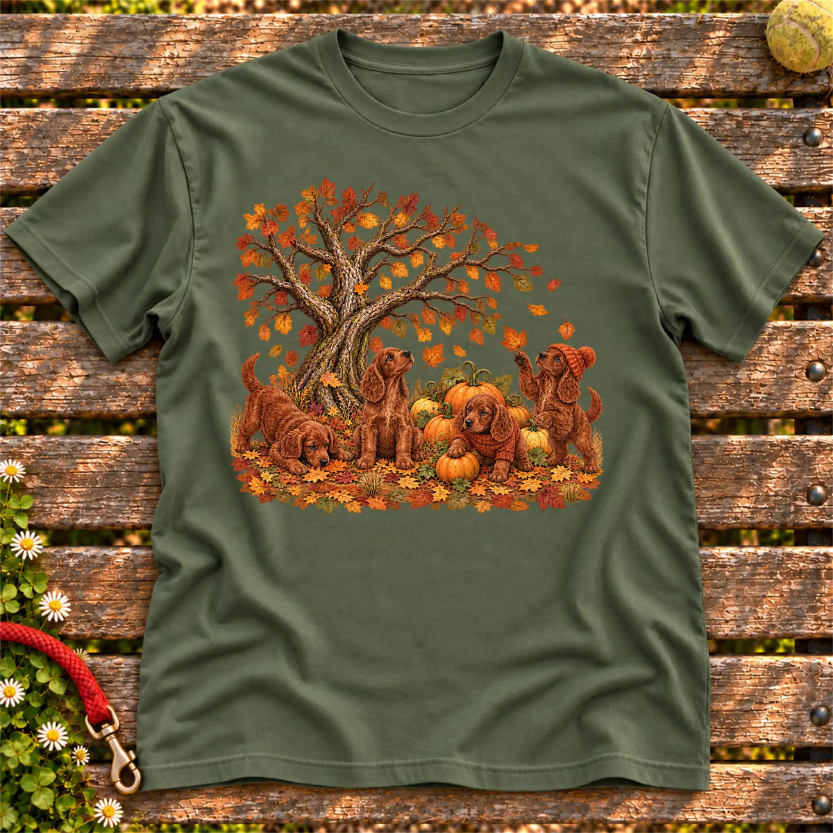Four Irish Setter puppies with pumpkins beneath an autumn tree on a Military Green softstyle T-shirt
