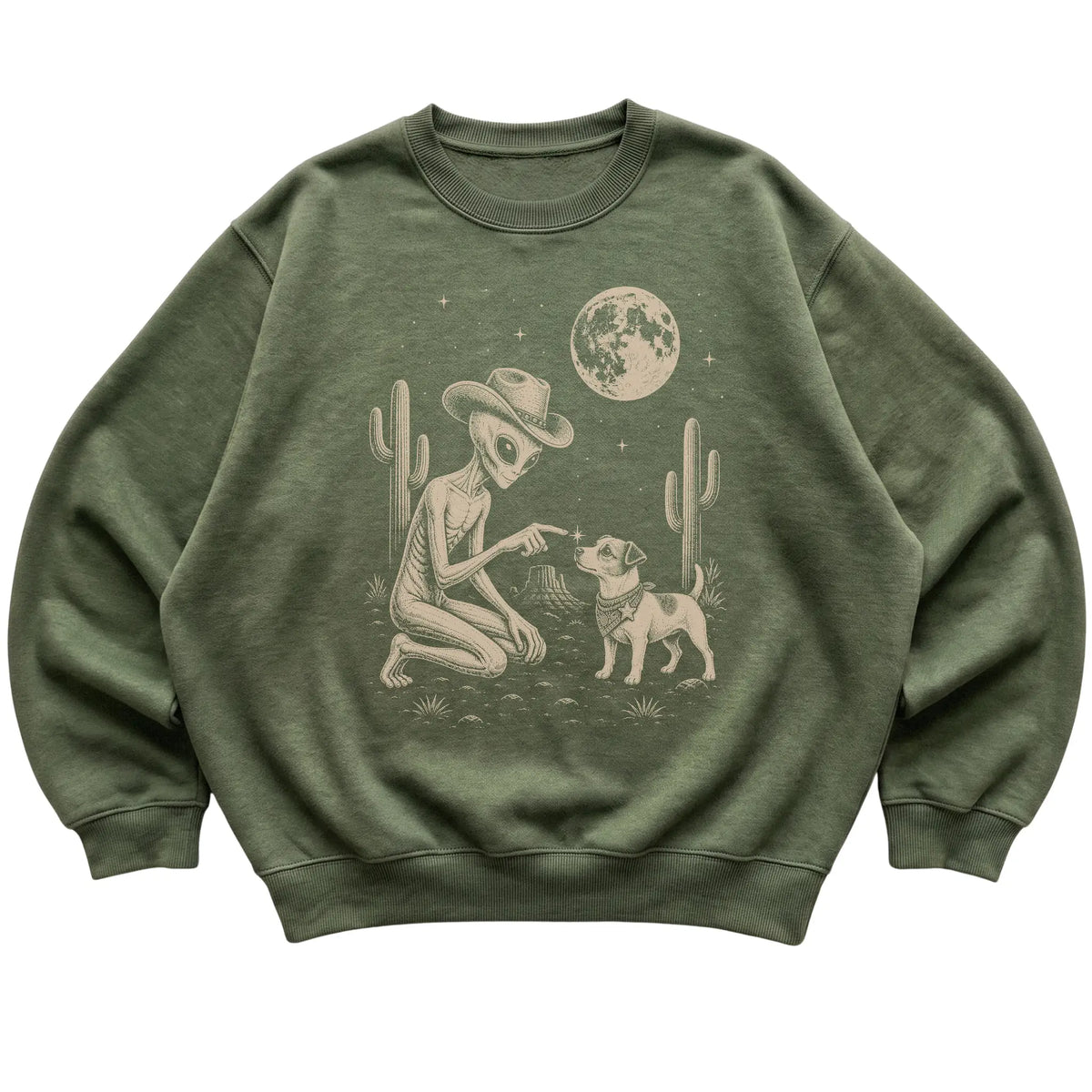 Military Green crewneck sweatshirt featuring Jack Russell Cowboy and Alien, laid-flat presentation