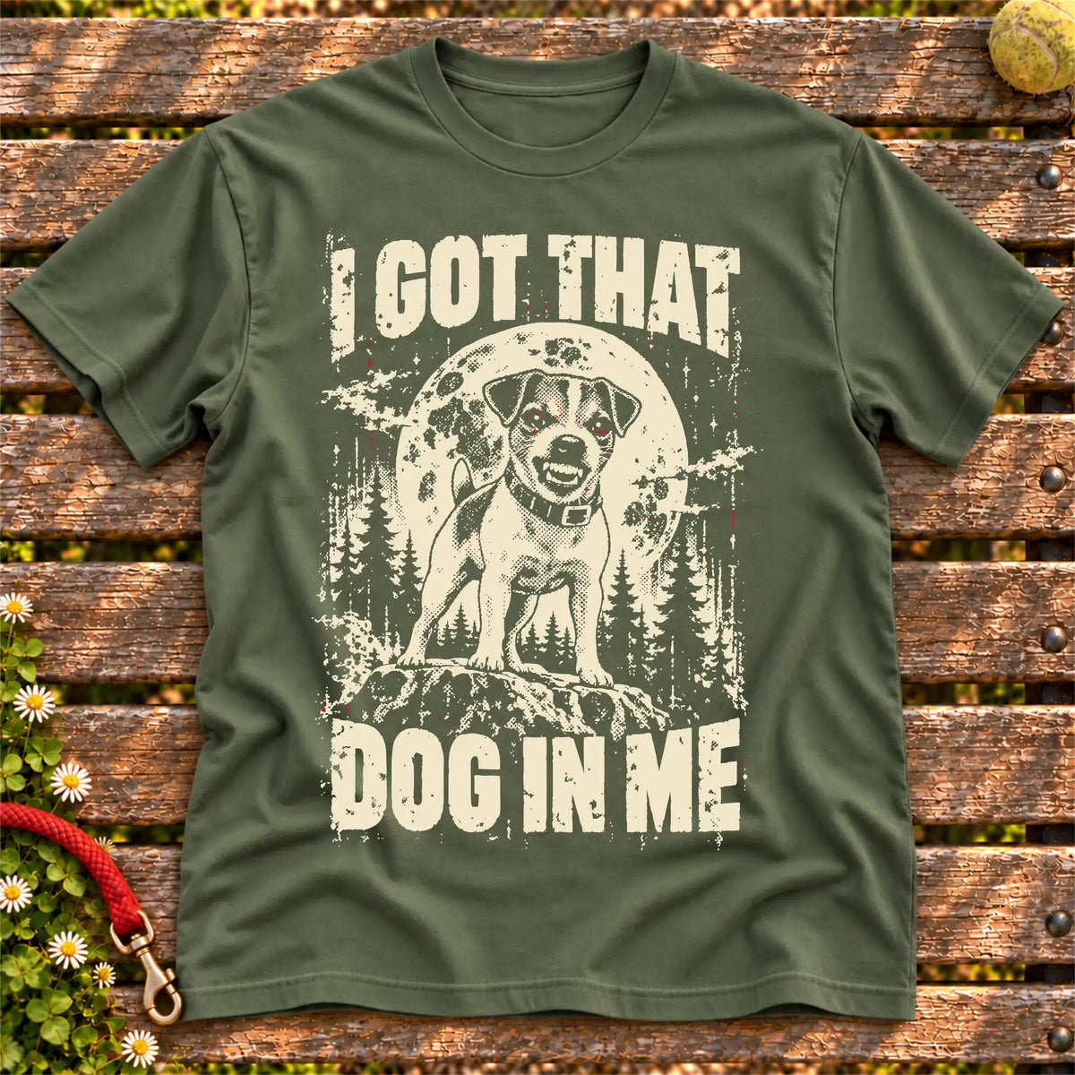 Military Green Jack Russell I Got That Dog in Me T-shirt, full garment view