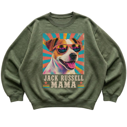 Retro Jack Russell Mama design on a Military Green crewneck sweatshirt