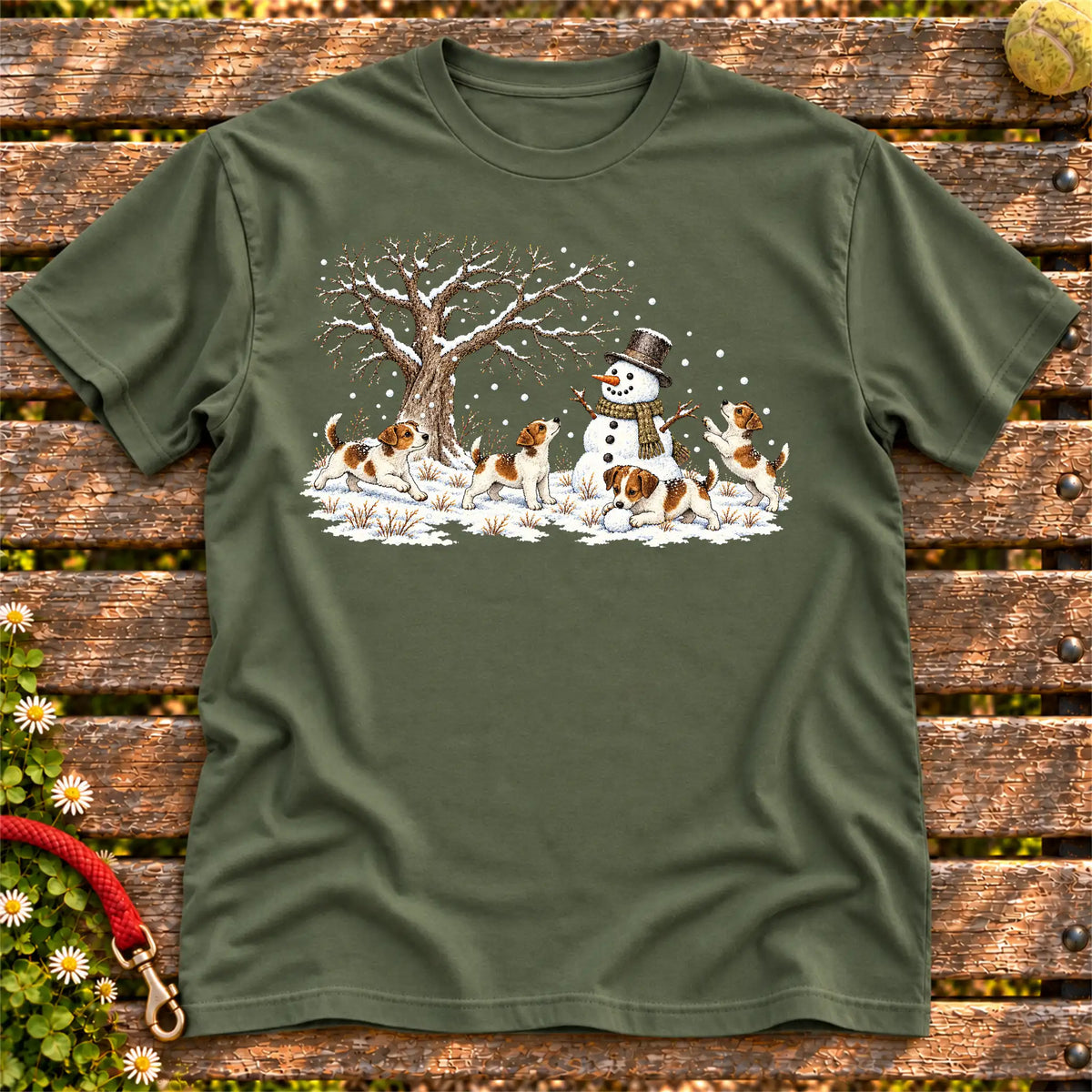 Jack Russell puppies playing in snow with a snowman on a Military Green T-shirt