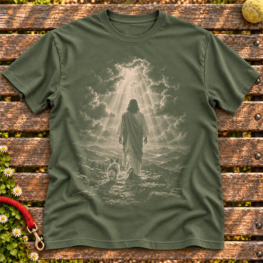Military Green T-shirt showing Jesus walking beside a Corgi beneath rays of light