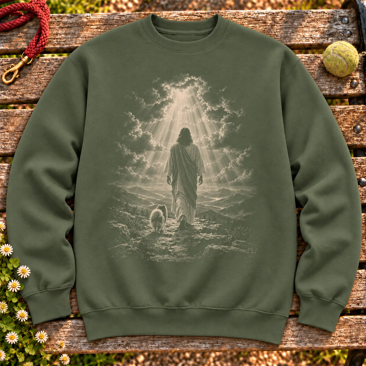 Military Green crewneck sweatshirt showing Jesus walking beside a Havanese beneath rays of light
