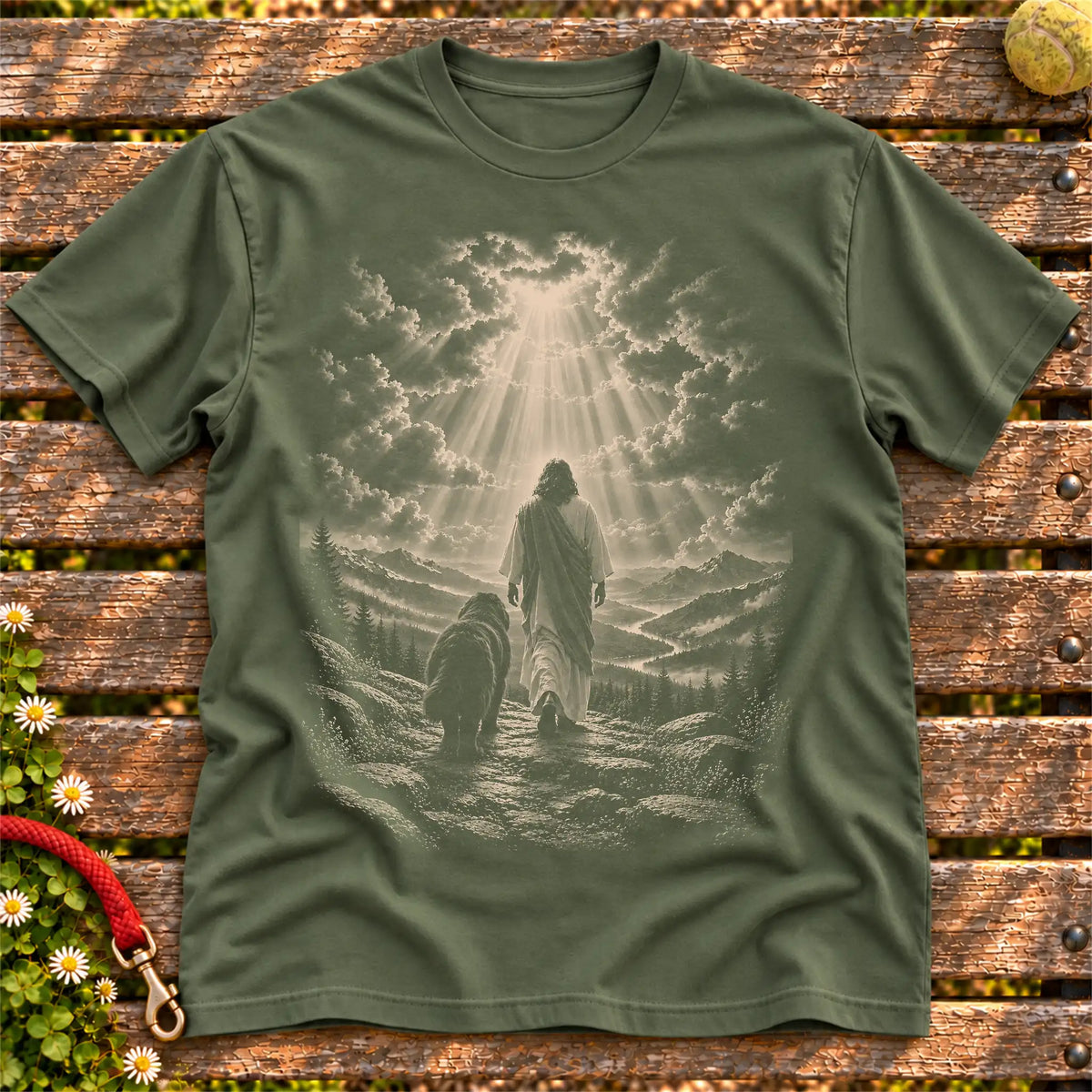 Military Green T-shirt showing Jesus walking beside a Newfie beneath rays of light