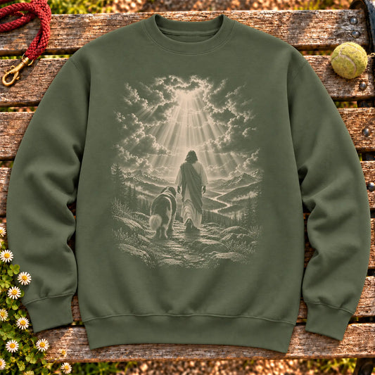 Military Green crewneck sweatshirt showing Jesus walking beside a St Bernard beneath rays of light