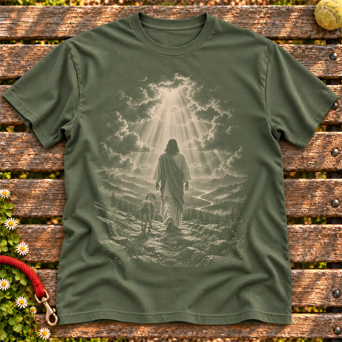Military Green T-shirt showing Jesus walking beside a Vizsla beneath rays of light