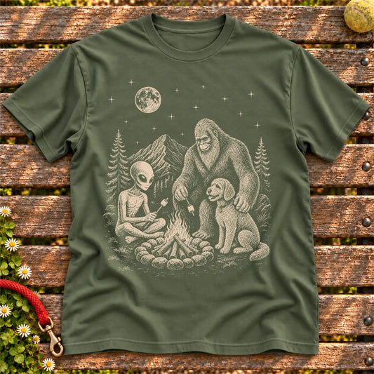 Labradoodle Camping with Bigfoot and Alien on a Military Green T-shirt, shown flat
