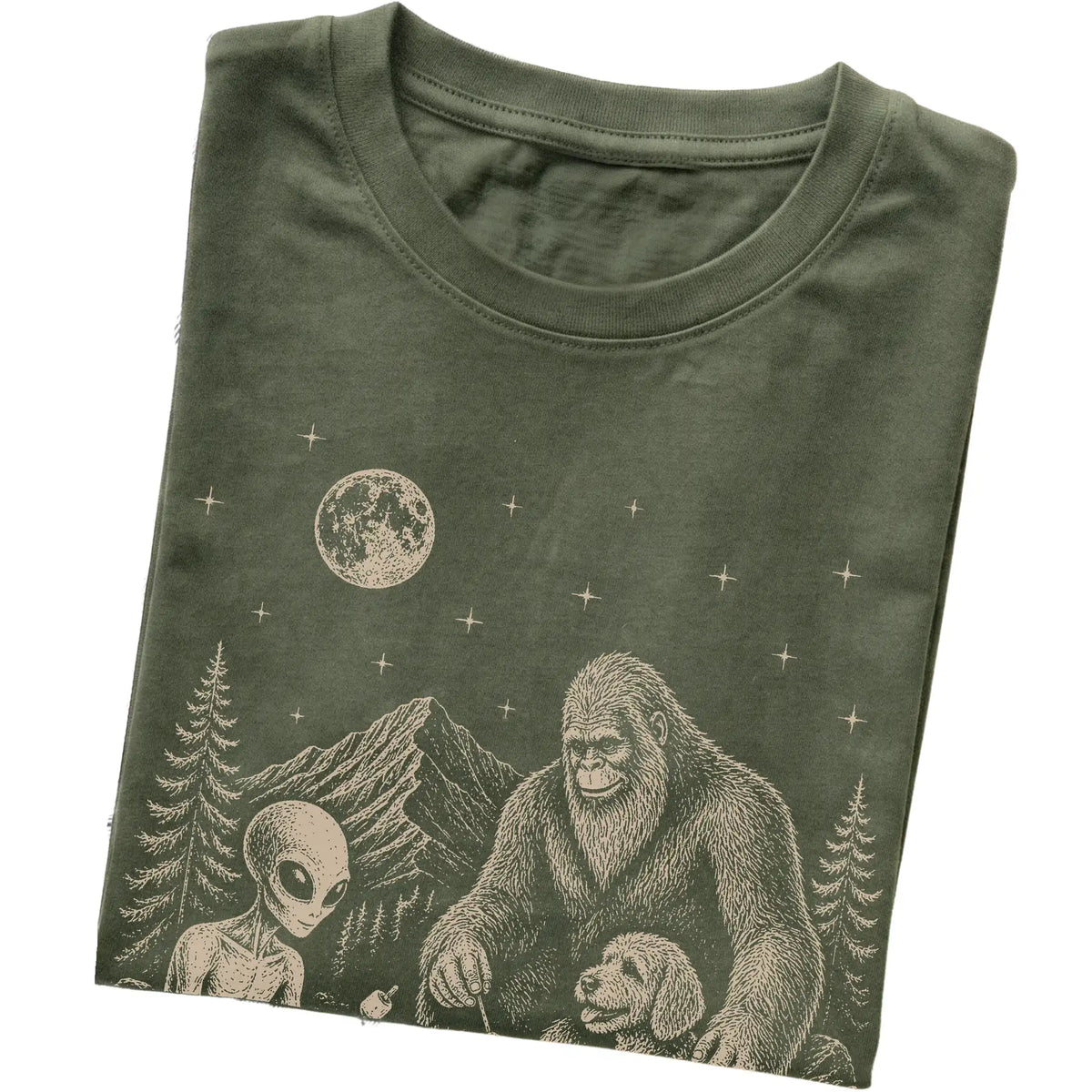 Military Green Labradoodle Camping with Bigfoot and Alien folded detail view