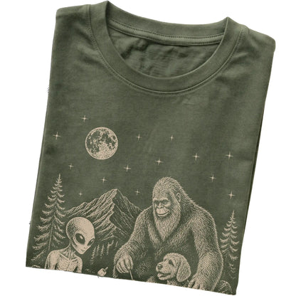 Military Green Labradoodle Camping with Bigfoot and Alien folded detail view