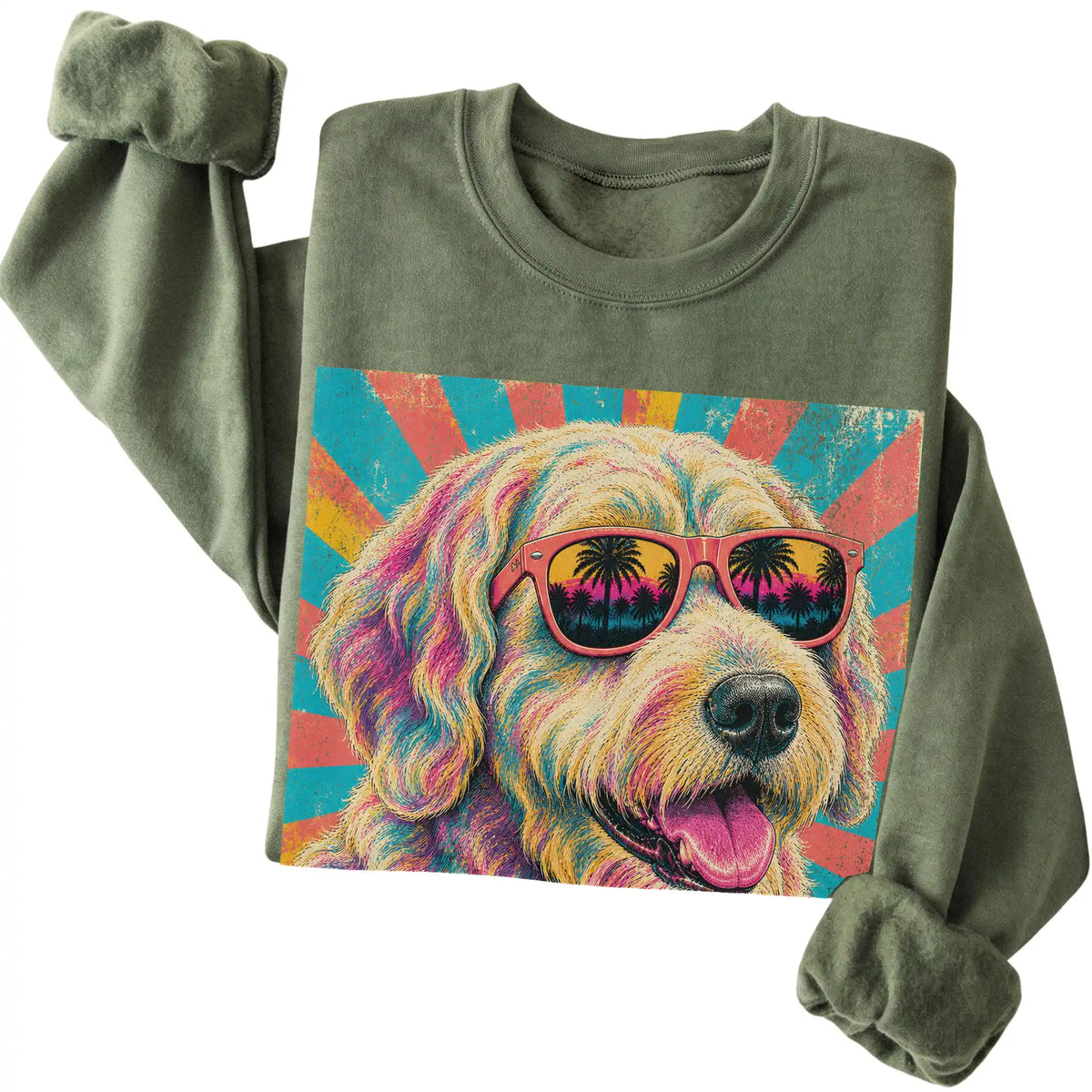 Folded Military Green crewneck sweatshirt with a Retro Labradoodle Mama design