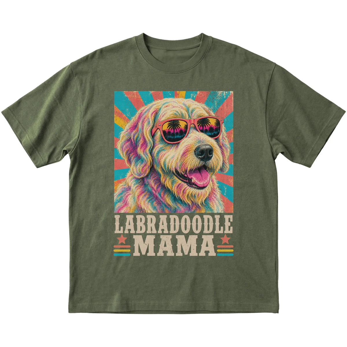 Retro Labradoodle Mama design on a Military Green softstyle T-shirt