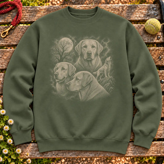 Labrador Retriever 90s Moon design on a Military Green crewneck sweatshirt shown flat