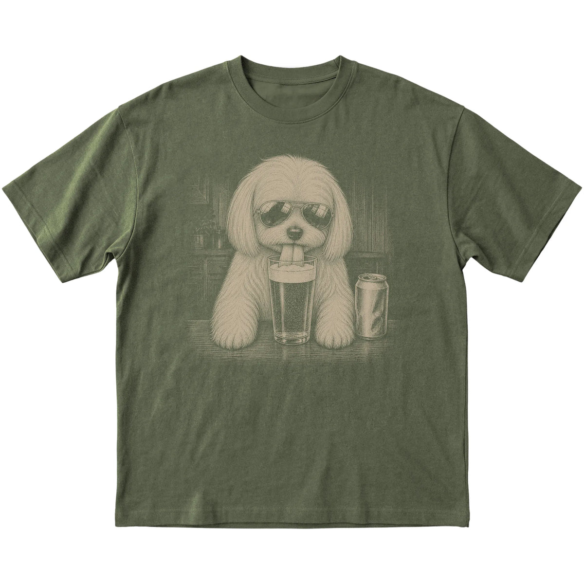 Military Green Maltese drinking from a pint at a bar, laid flat